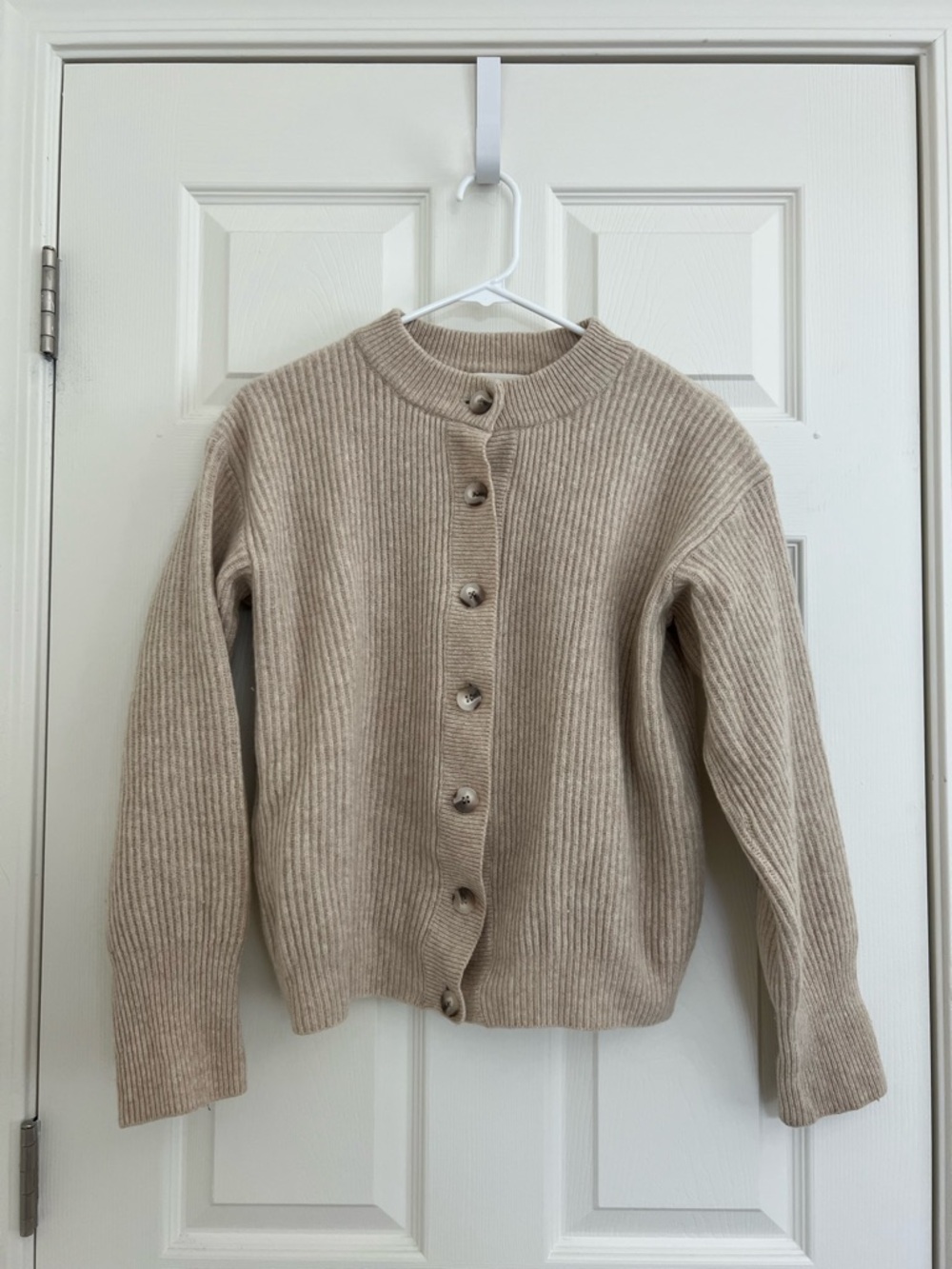 PROEM wool Ribbed Button-Front Cardigan Sweater - Cream